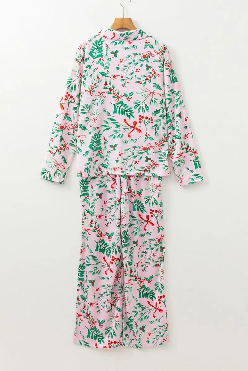 Pink Christmas Berries Plant Print Satin Long Sleeve Pajama Set - Love Salve